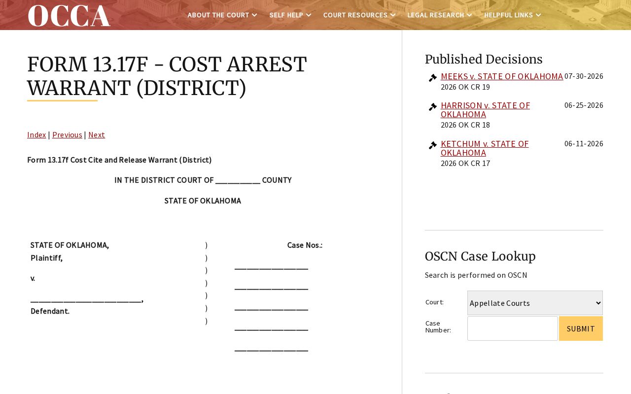 Oklahoma bench warrants: blank district cost cite-and-release form