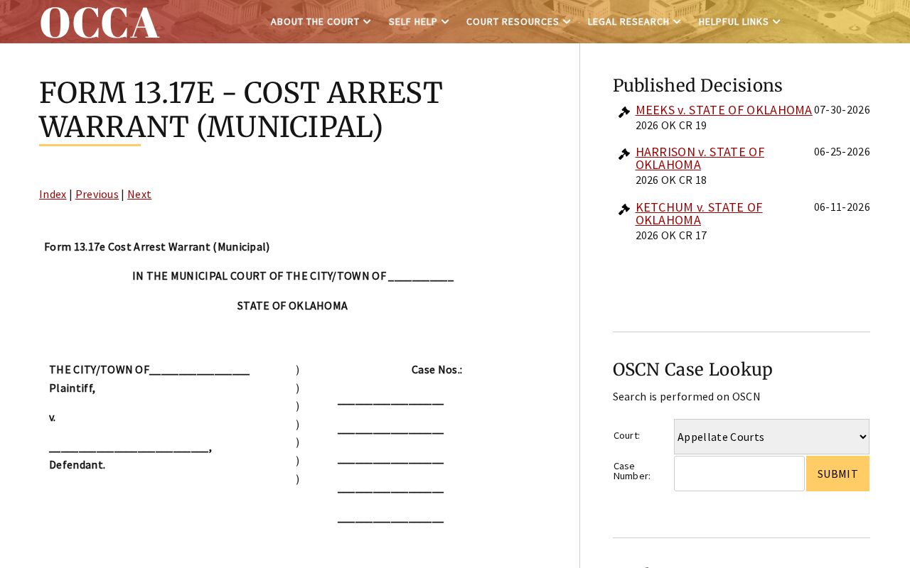 Blank Oklahoma municipal cost arrest warrant form for court records