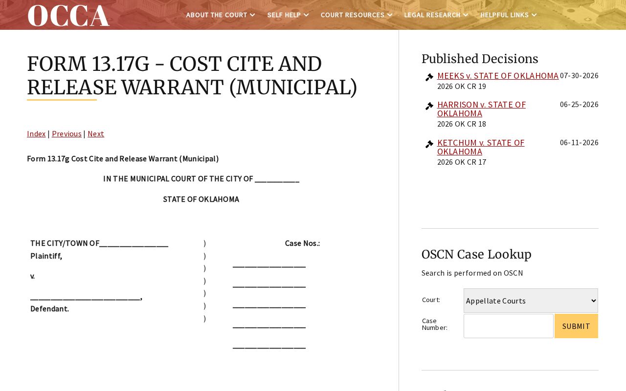 Blank Oklahoma municipal cost cite-and-release warrant form for court records