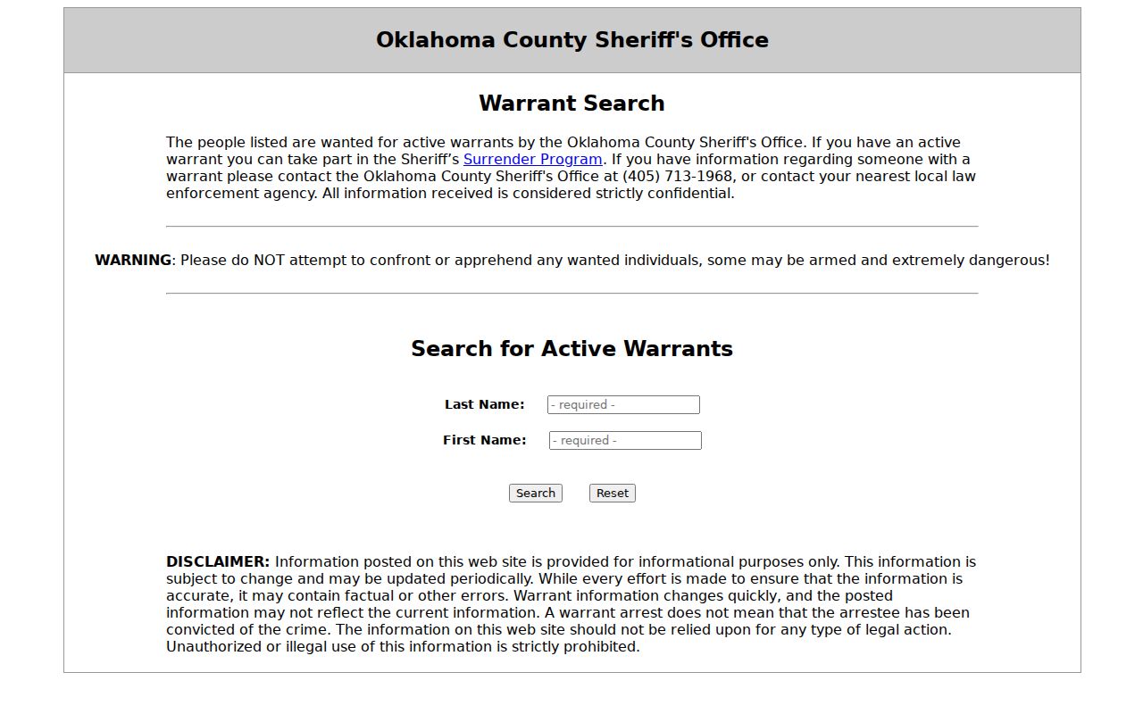Oklahoma active warrant search: blank Oklahoma County Sheriff name form