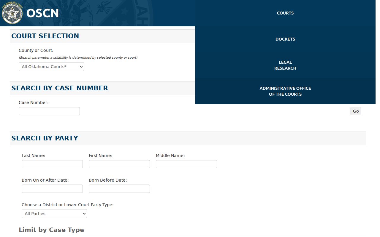 Oklahoma warrant check: blank OSCN public docket search form