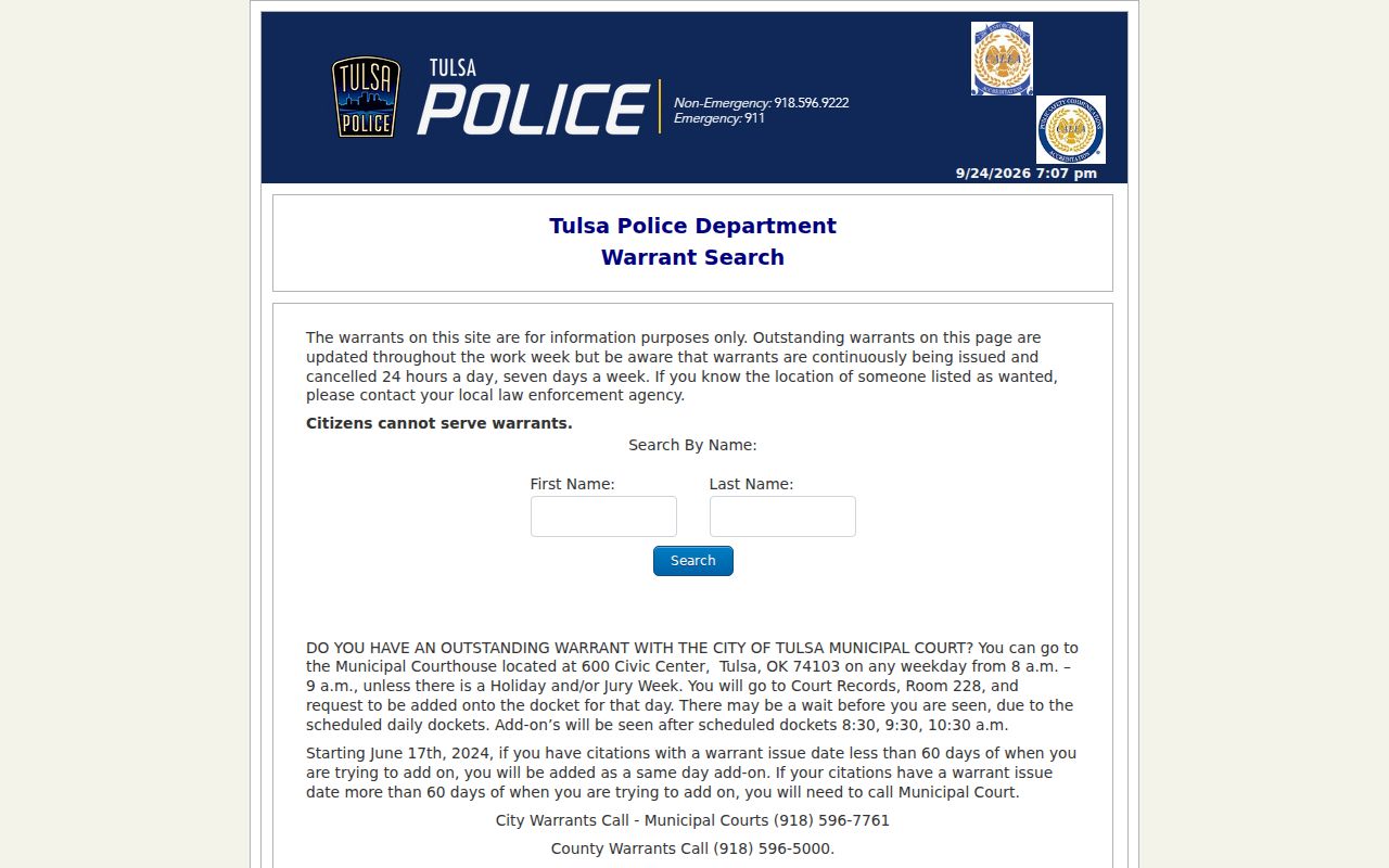 Blank Oklahoma municipal warrant search form for a city court