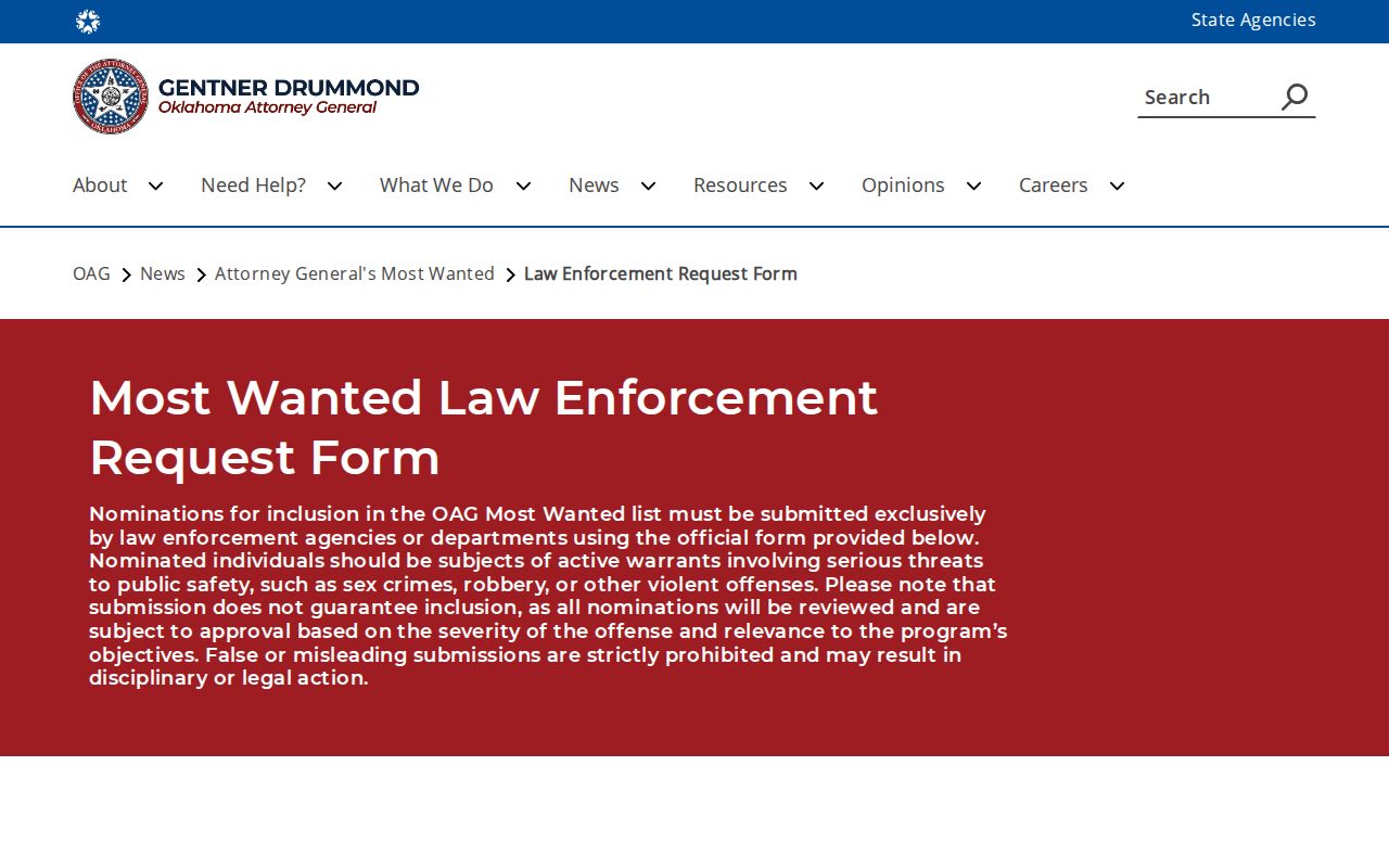 Oklahoma Most Wanted law-enforcement nomination page without a person profile