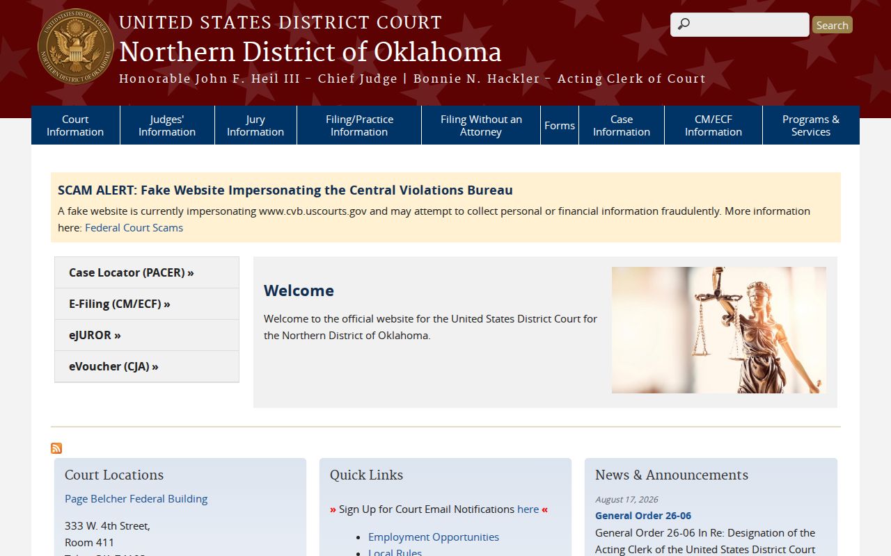 Official Northern District of Oklahoma court website for federal warrant records