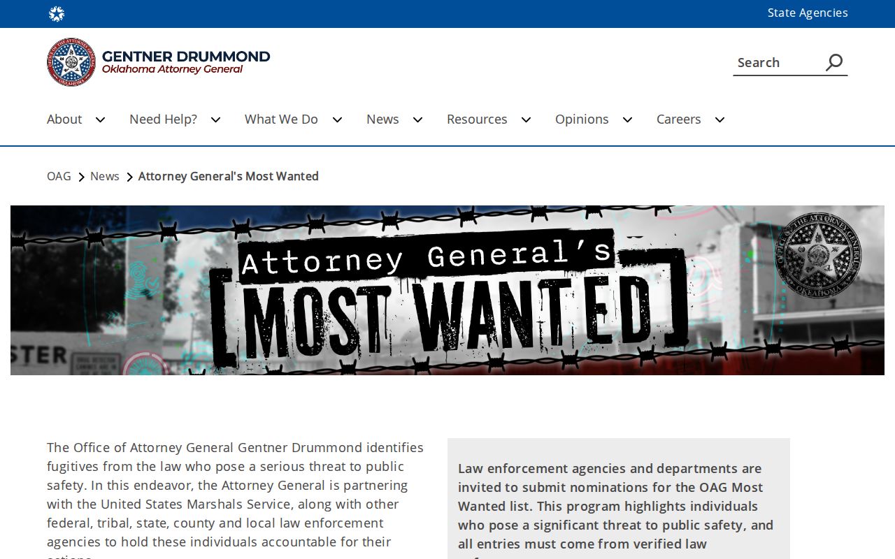 Oklahoma State Most Wanted program header for statewide warrant records