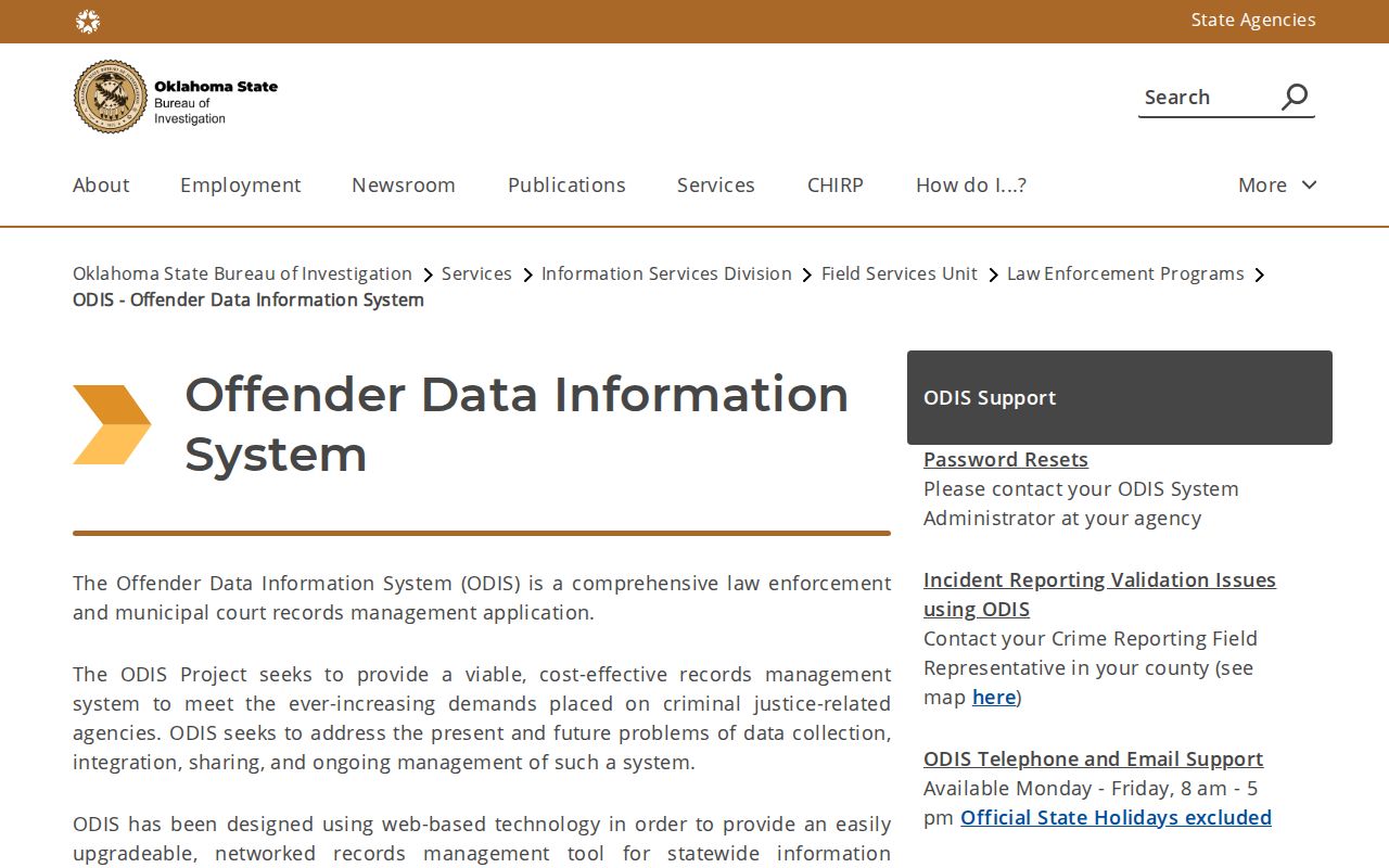 Oklahoma ODIS agency records-management overview for warrant information