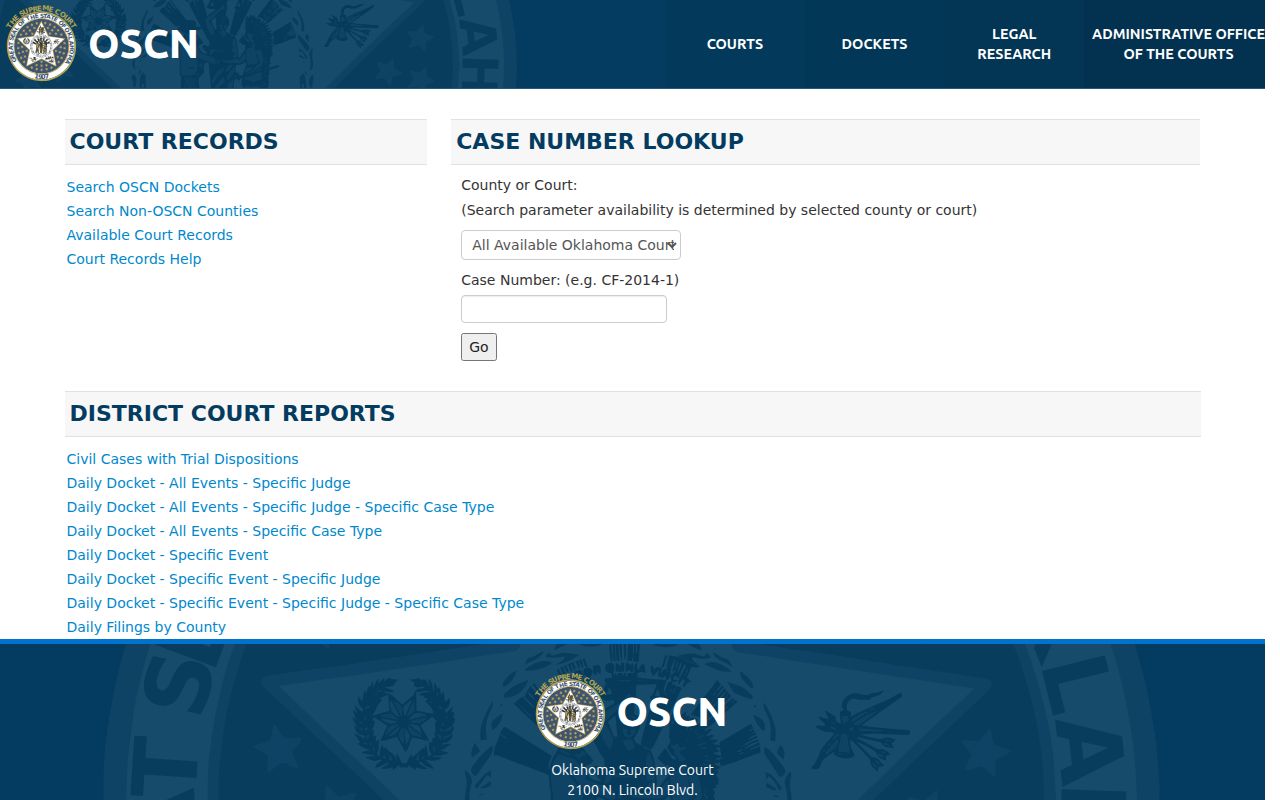 Oklahoma warrant records reference showing the public OSCN docket landing page