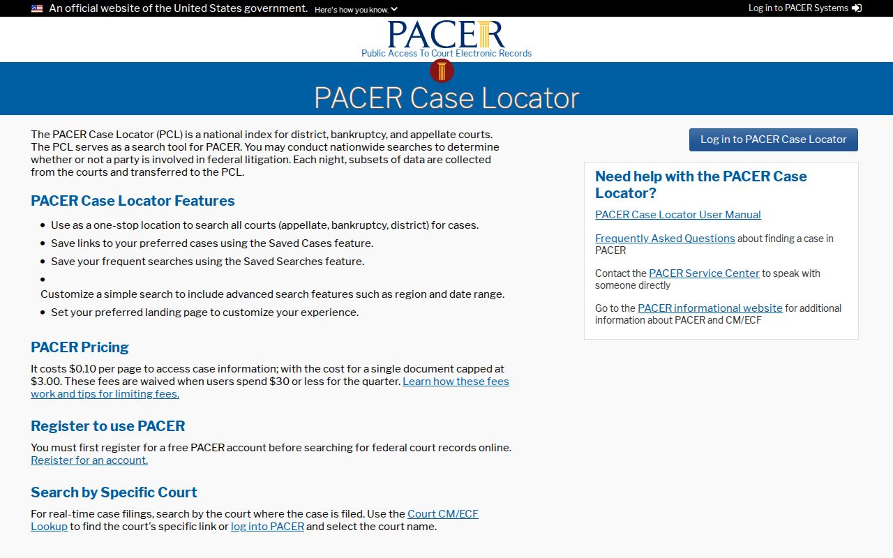 PACER Case Locator entry page for federal Oklahoma warrant records