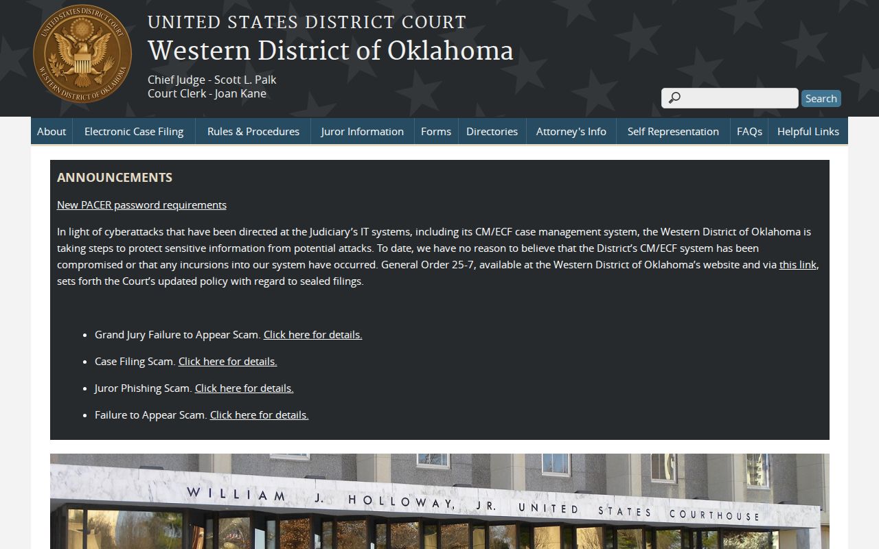 Official Western District of Oklahoma court website for federal warrant records
